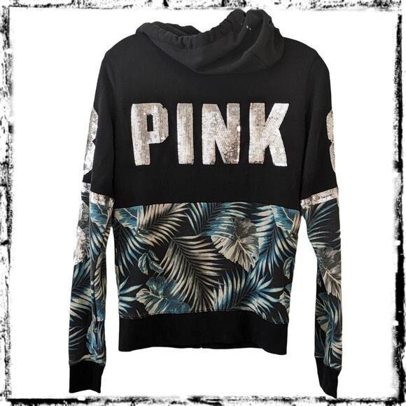 HTF Tropical VS PINK Zip Up Bling Hoodie Silver Sequins Spell PINK 86 + Dog Logo - Picture 2 of 12